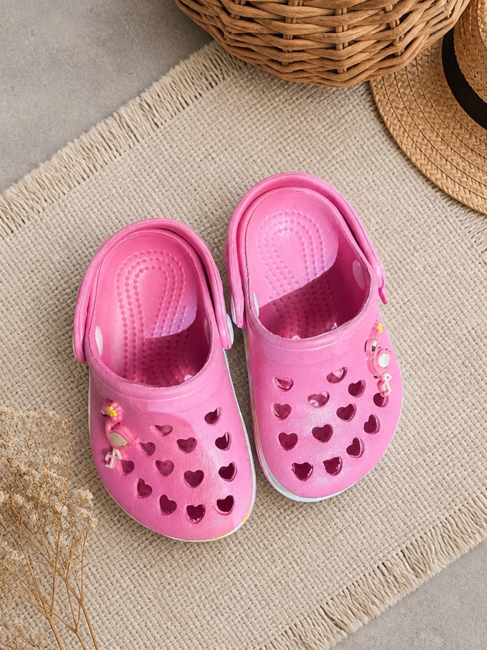 Kids Pink Heart-Pattern Clog Sandals with Back Strap